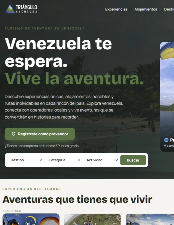 Triangulo Aventura homepage, adventure tourism platform in Venezuela